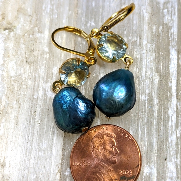 Genuine Aquamarine 1.87 Carats & Blue Baroque in 14K Drop/Dangle Earrings - Picture 3 of 4